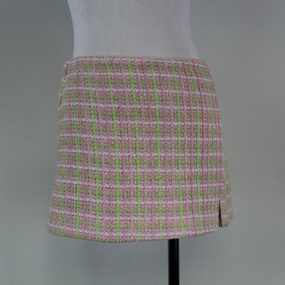 Zara Pink Green Plaid Tweed Skort Mini Skirt Preppy Tennis Style Size M